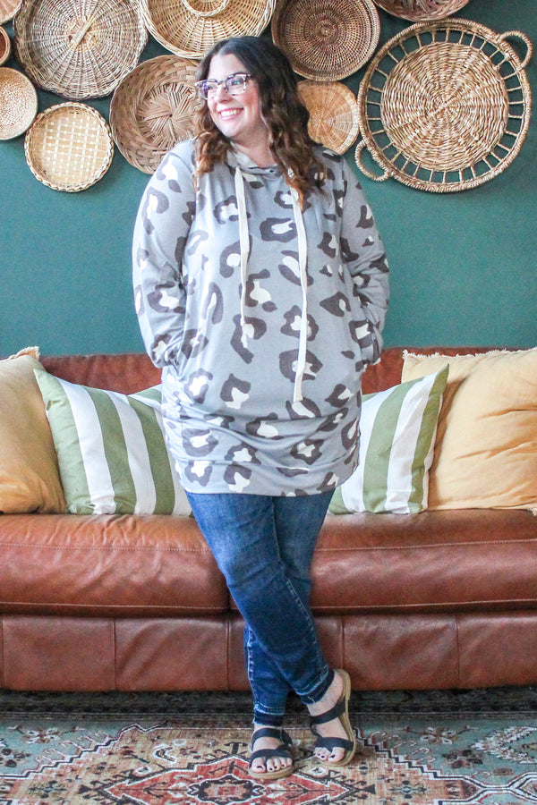 Leopard Hoodie Tunic, Grey