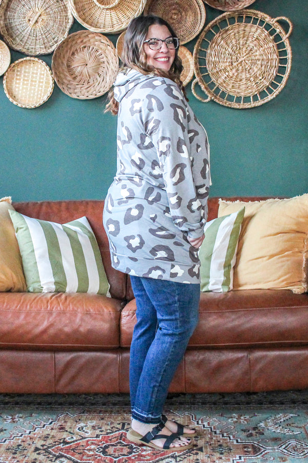 Leopard Hoodie Tunic, Grey