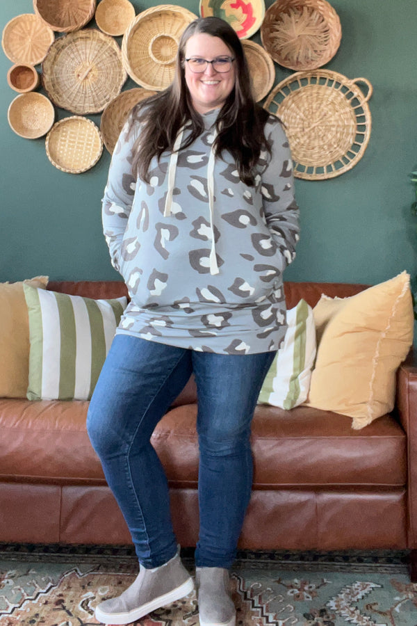 Leopard Hoodie Tunic, Grey