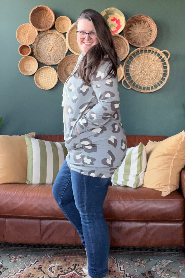 Leopard Hoodie Tunic, Grey